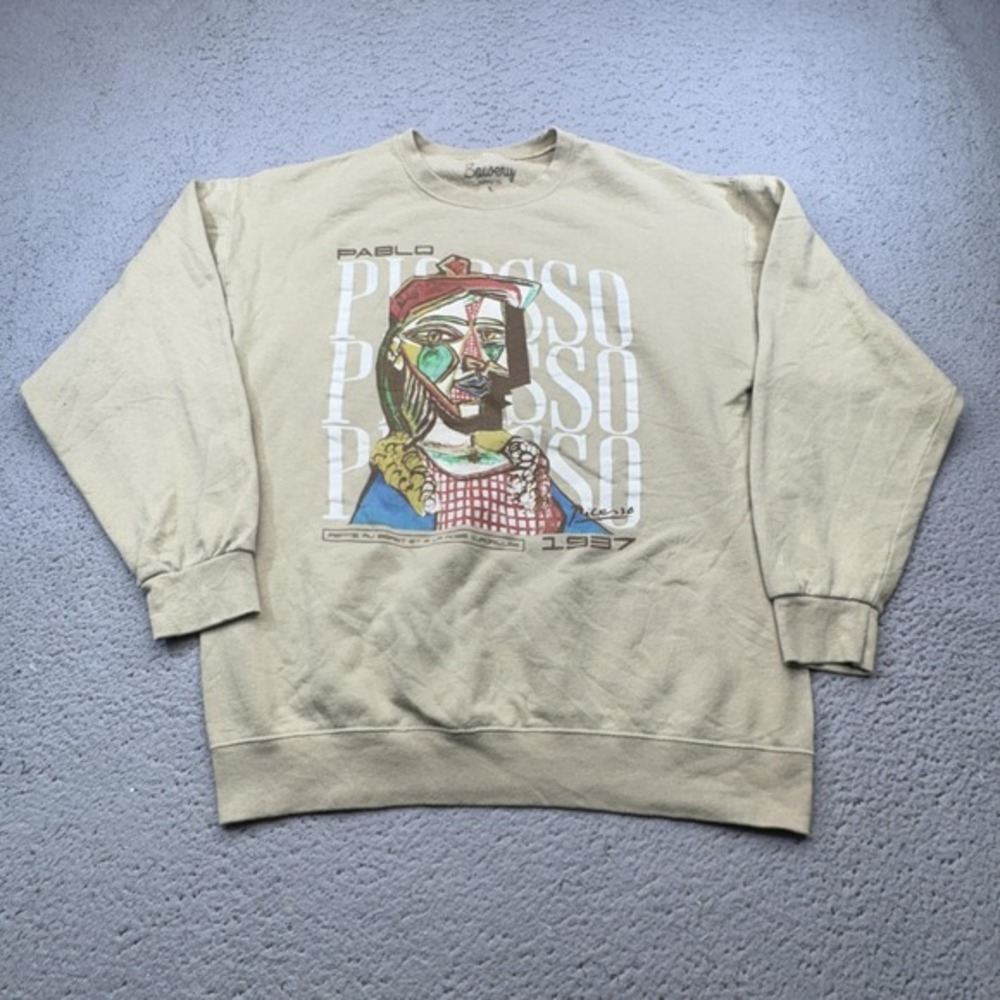 Picasso  Sweatshirt Mens Large Beige Women‎ Beret Art Bowery Supply Co Crewneck